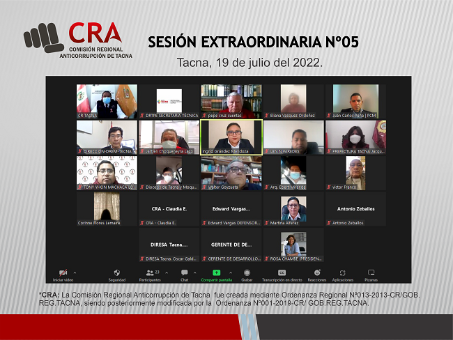 COMISIÓN REGIONAL ANTICORRUPCIÓN DE TACNA REALIZÓ LA SESIÓN EXTRAORDINARIA N°05-2022
